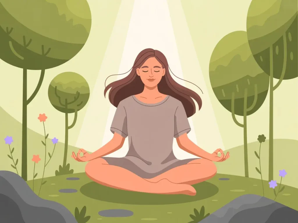Mujer usando las Técnicas de respiración para ansiedad en adultos en el bosque, con la naturaleza