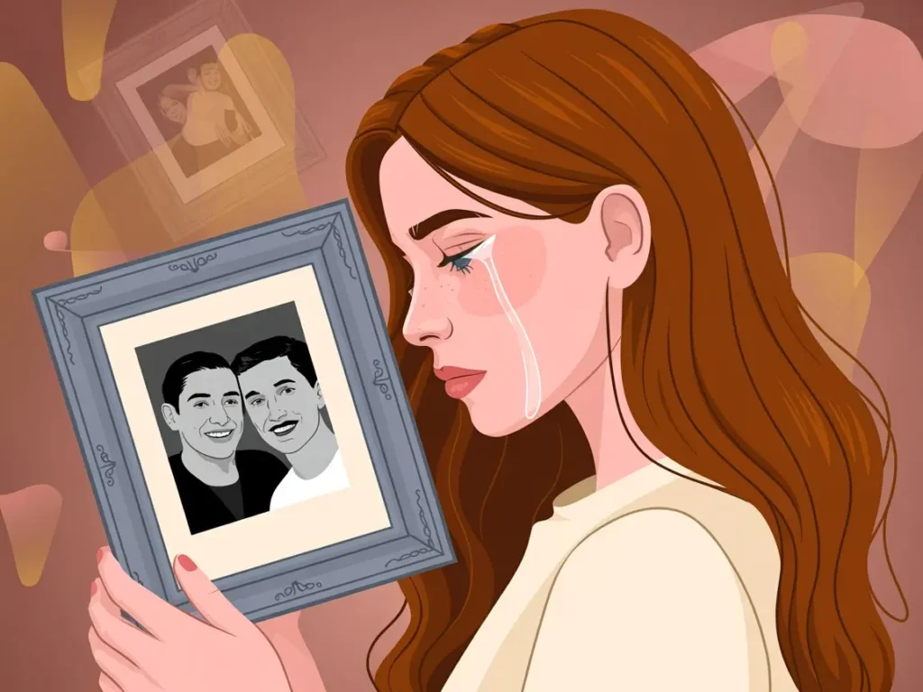 Persona con un marco de fotos llorando porque necesita saber Cómo superar el duelo por la perdida de un ser querido