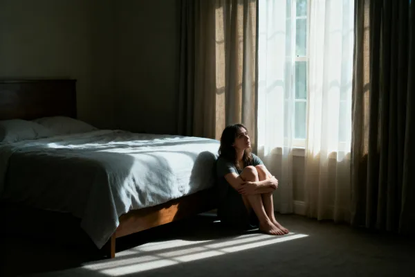 Una mujer a los pies de la cama con la mirada perdida, representando la terapia de hipnosis para bloqueos emocionales en Almería de Trilum Psicología