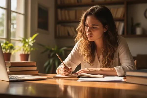 Una mujer estudiando con falta de concentración, representando la terapia de hipnosis para la concentración en exámenes en Almería de Trilum Psicología
