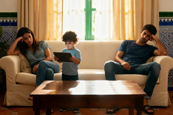 Un niño con una tables y los padres no dicen nada, representando la falta de limites o roles confusos - Terapia de Familia